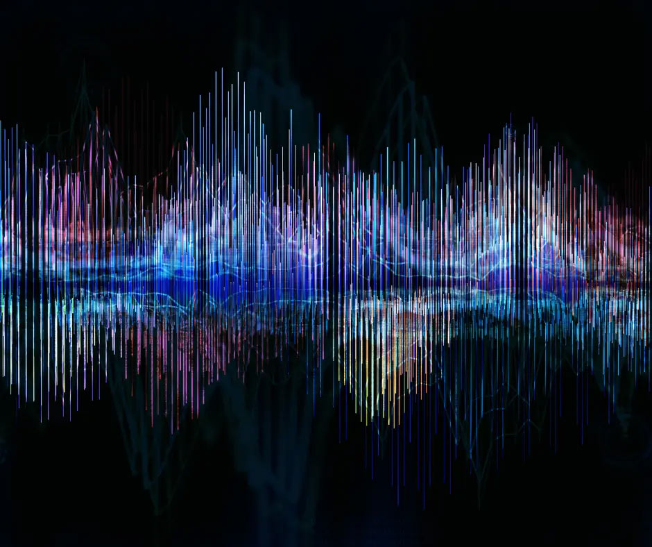 Blue and purple sound waves on a black background.