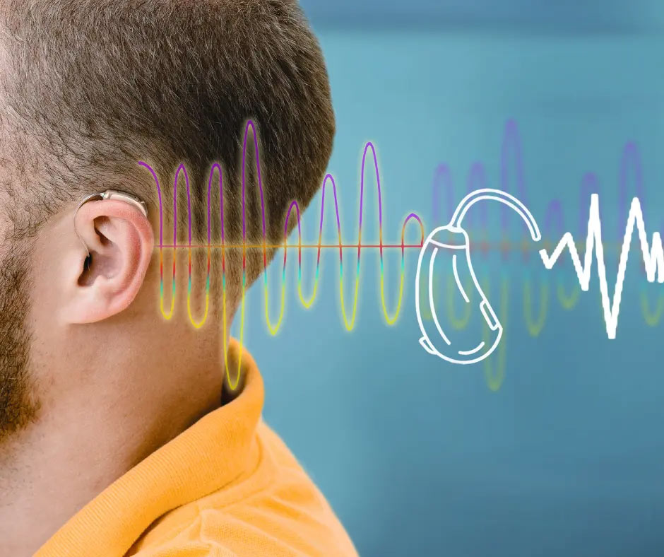 Sound waves stretch from a man’s ear.